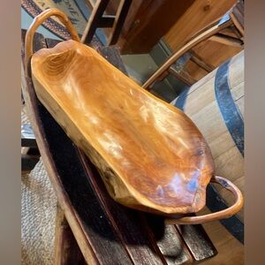 Vintage Wood Bowl Hand Carved Folk Art Fruit Bowl W/ Handles Rustic- 17.5” x 10”